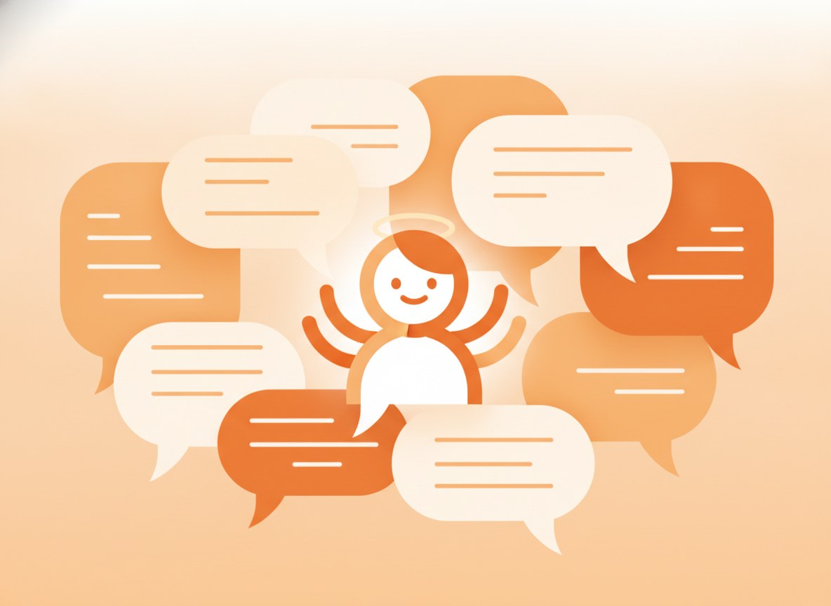 Illustration eines freundlichen KI-Chatbots umringt von vielen Chat-Sprechblasen – ein Bot für viele Aufgaben