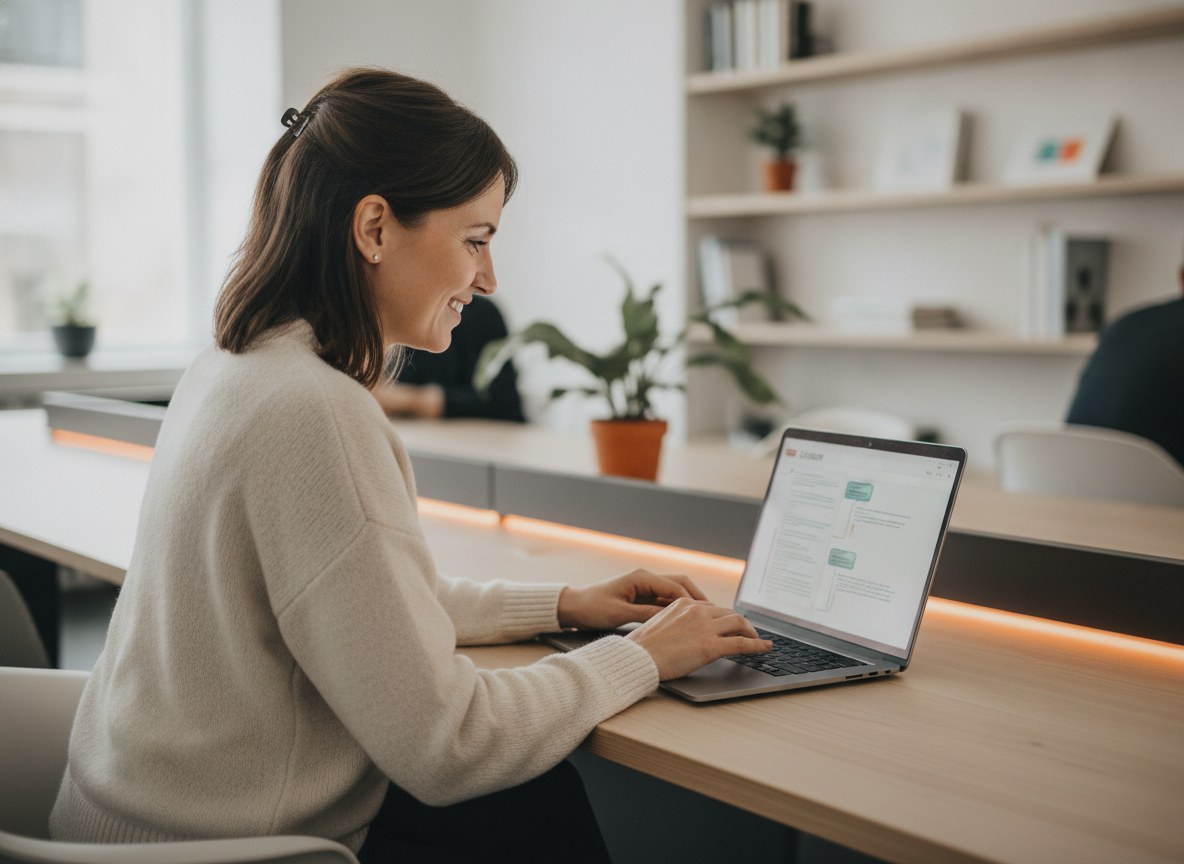 Lächelnde Mitarbeiterin testet einen KI-Chatbot am Laptop in einem hellen Büro – persönliche Betreuung von Konzept bis Go-Live
