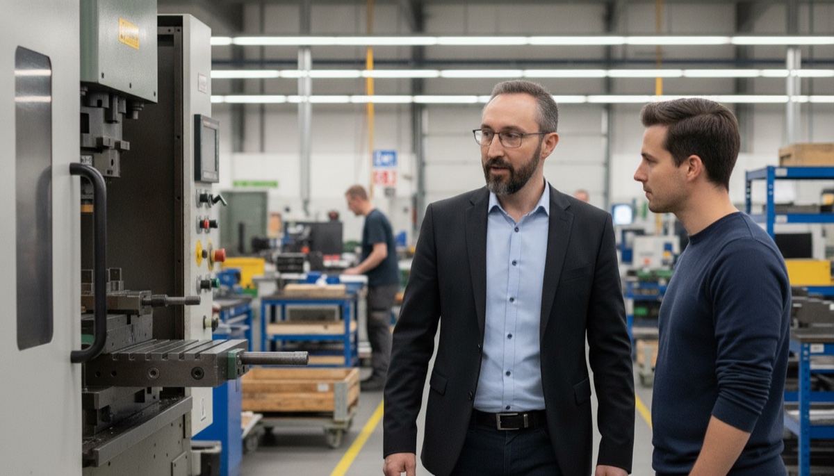 Tim Rosen von NovaData Solutions im Gespräch mit einem Kunden vor Ort in der Produktion